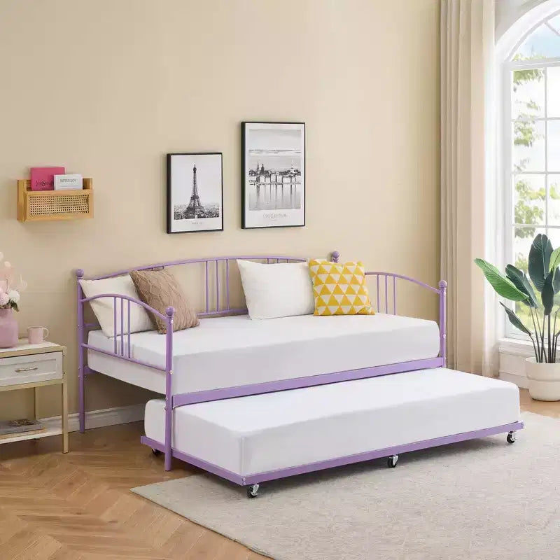 Lit de repos double en métal avec lit gigogne escamotable et 6 roulettes – Support à lattes en acier, canapé-lit d'appoint peu encombrant