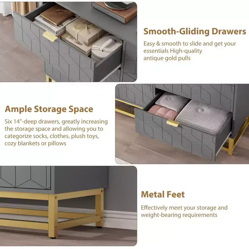 Commode double à 6 tiroirs avec poignées dorées - Commode de chambre moderne pour couloir et entrée