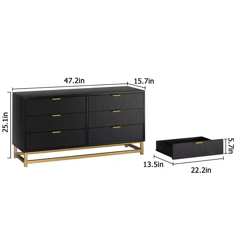 Commode double à 6 tiroirs avec poignées dorées - Commode de chambre moderne pour couloir et entrée