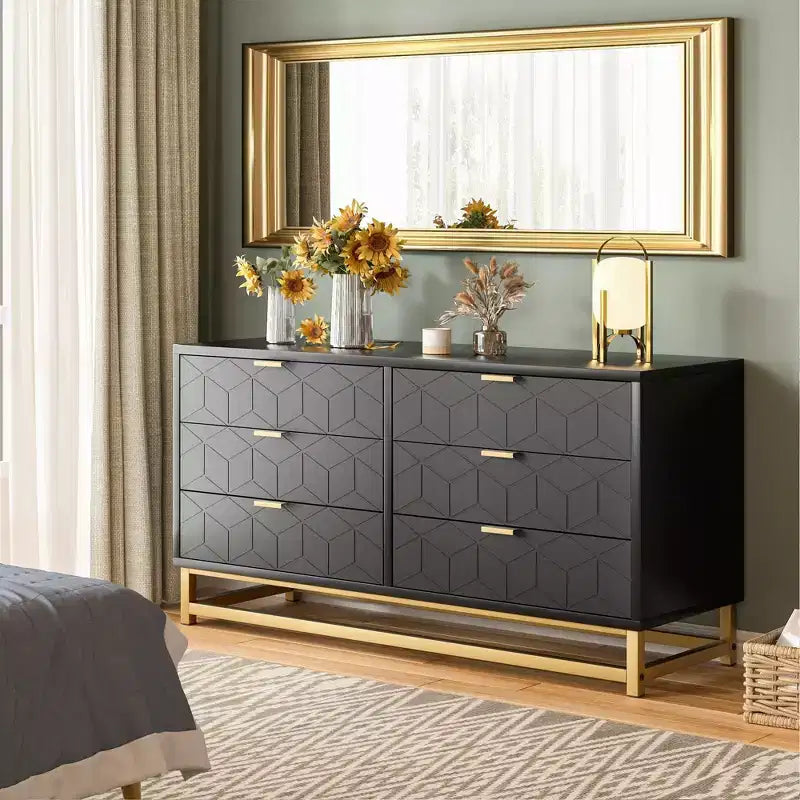 Commode double à 6 tiroirs avec poignées dorées - Commode de chambre moderne pour couloir et entrée