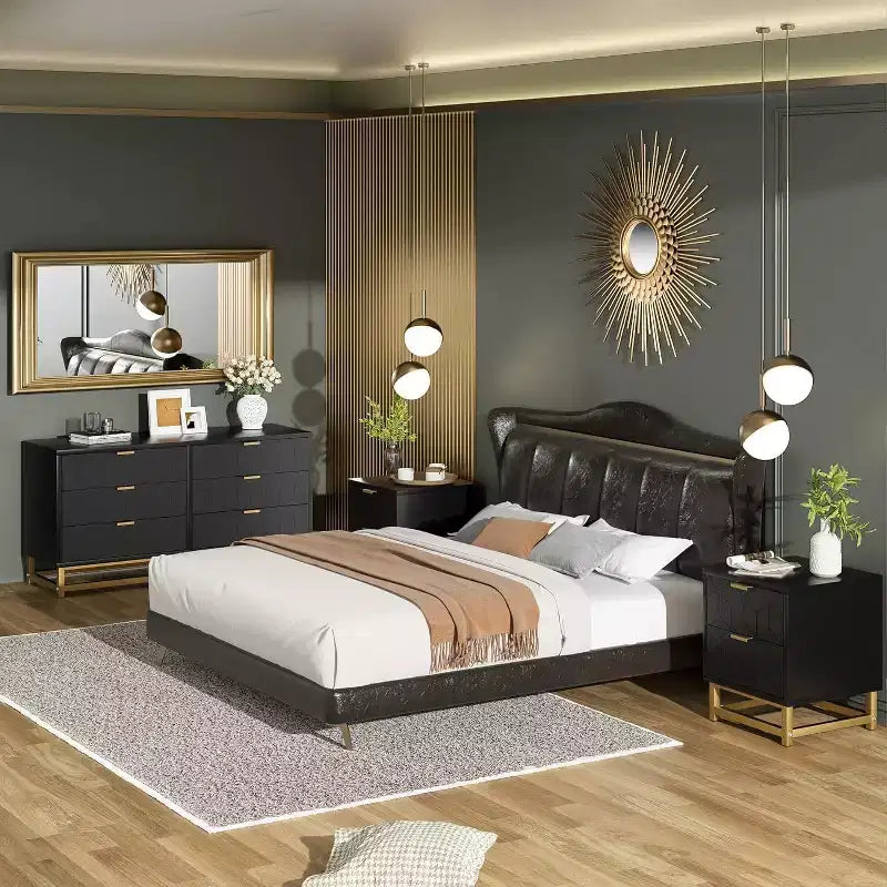Commode double à 6 tiroirs avec poignées dorées - Commode de chambre moderne pour couloir et entrée