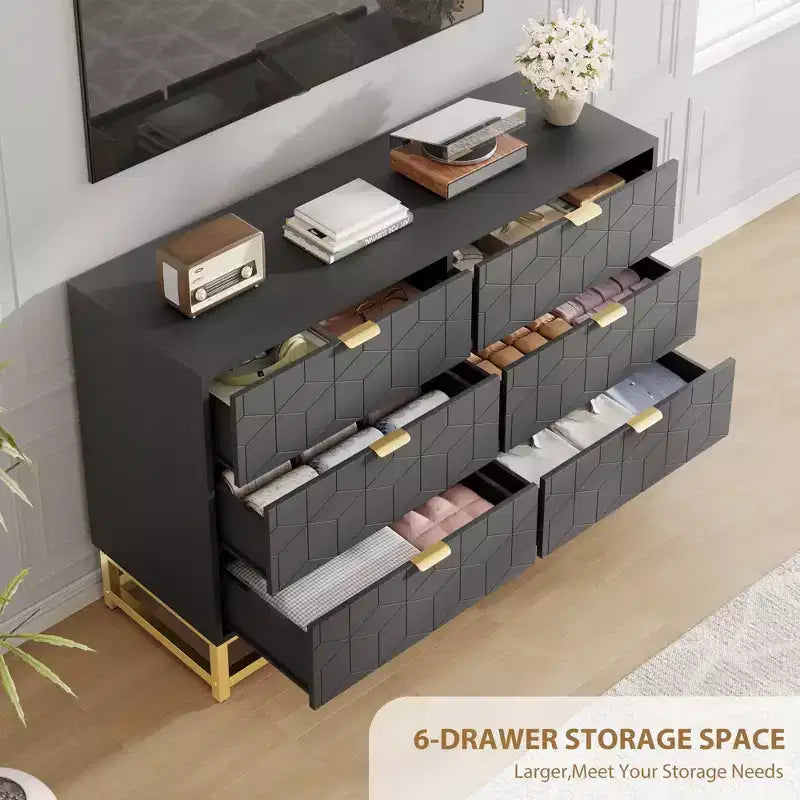 Commode double à 6 tiroirs avec poignées dorées - Commode de chambre moderne pour couloir et entrée