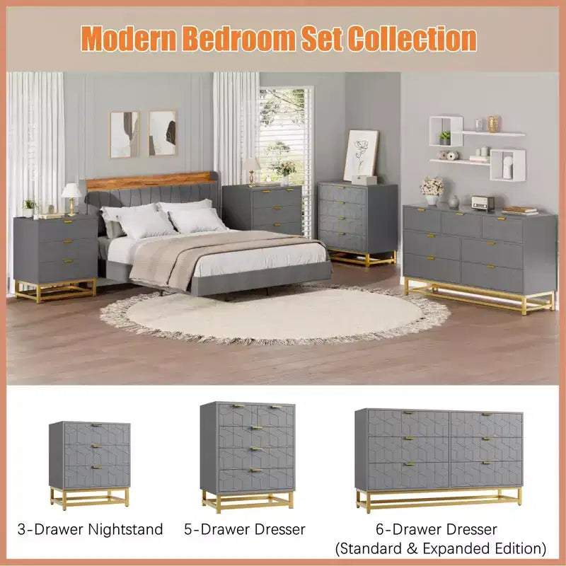 Commode double à 6 tiroirs avec poignées dorées - Commode de chambre moderne pour couloir et entrée