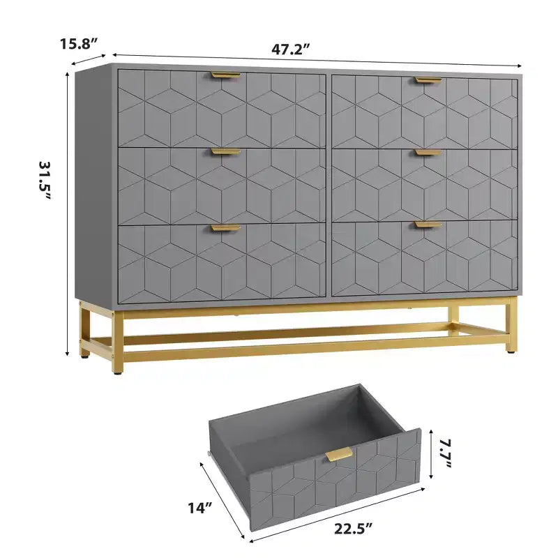 Commode double à 6 tiroirs avec poignées dorées - Commode de chambre moderne pour couloir et entrée