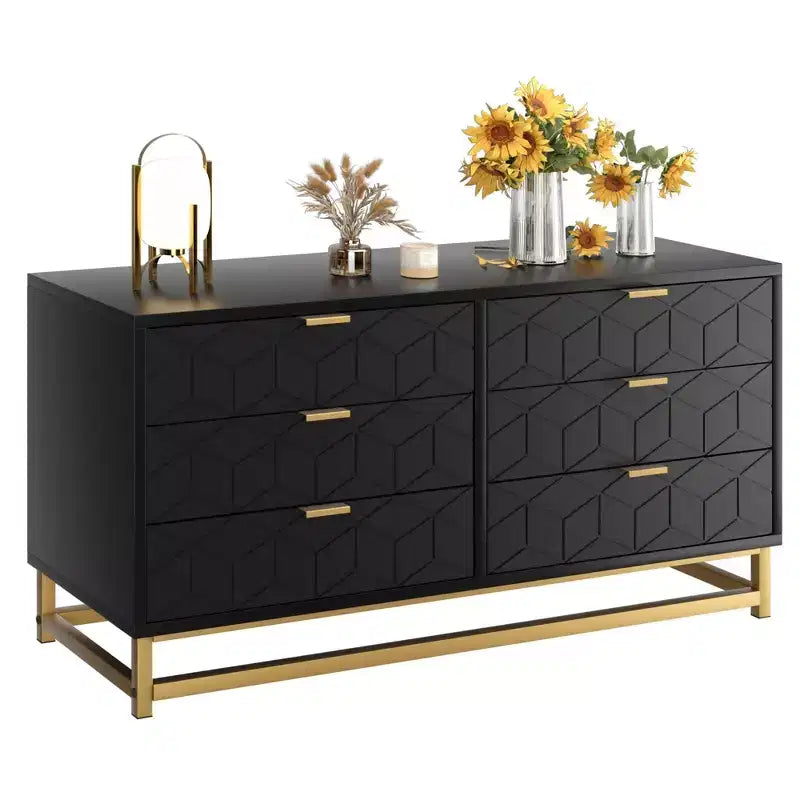 6 Drawer Double Dresser,Modern Dresser for Bedroom with Gold Handles,Large Chest of Drawers forHallway,Entryway