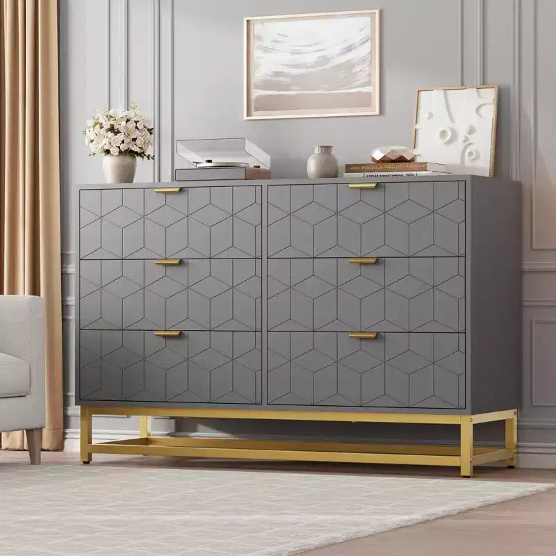 Commode double à 6 tiroirs avec poignées dorées - Commode de chambre moderne pour couloir et entrée