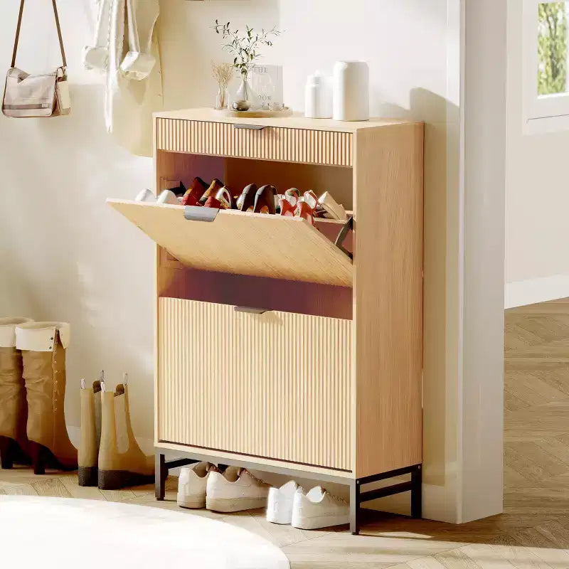 Meuble à chaussures à abattants avec 3 tiroirs - Organisateur de chaussures d'entrée de 80 cm (L) x 133 cm (H), bois composite et métal