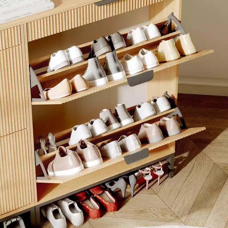 Meuble à chaussures à abattants avec 3 tiroirs - Organisateur de chaussures d'entrée de 80 cm (L) x 133 cm (H), bois composite et métal