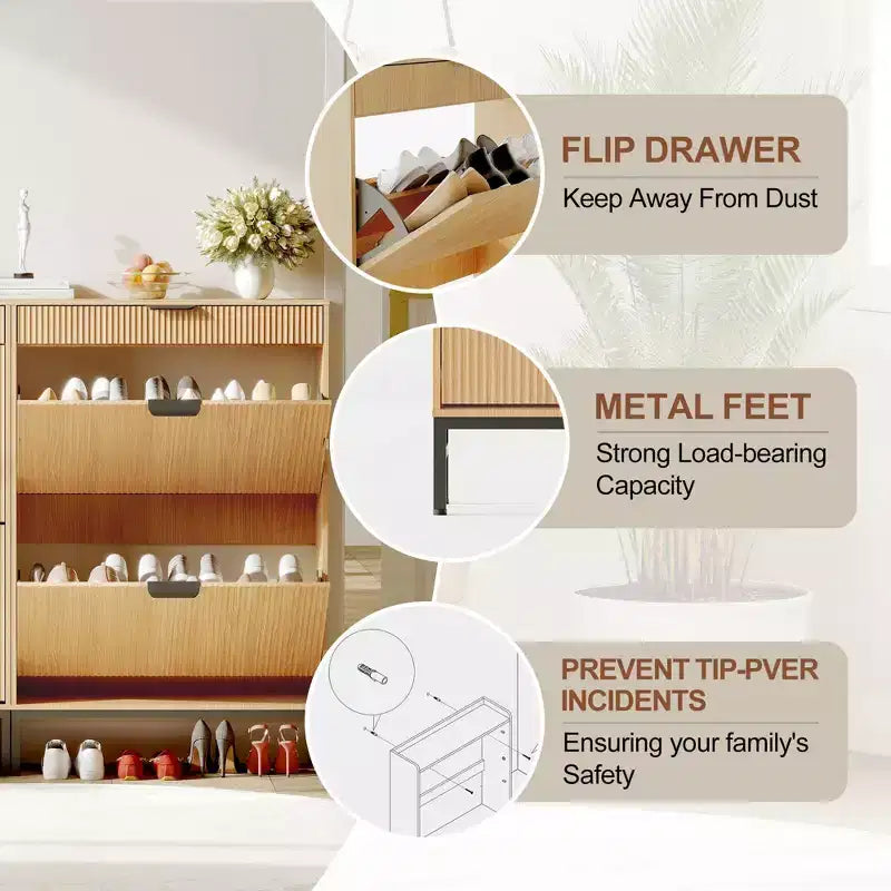 Meuble à chaussures à abattants avec 3 tiroirs - Organisateur de chaussures d'entrée de 80 cm (L) x 133 cm (H), bois composite et métal