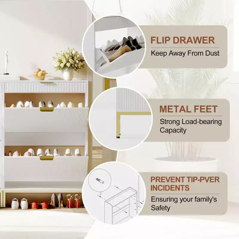 Meuble à chaussures à abattants avec 3 tiroirs - Organisateur de chaussures d'entrée de 80 cm (L) x 133 cm (H), bois composite et métal
