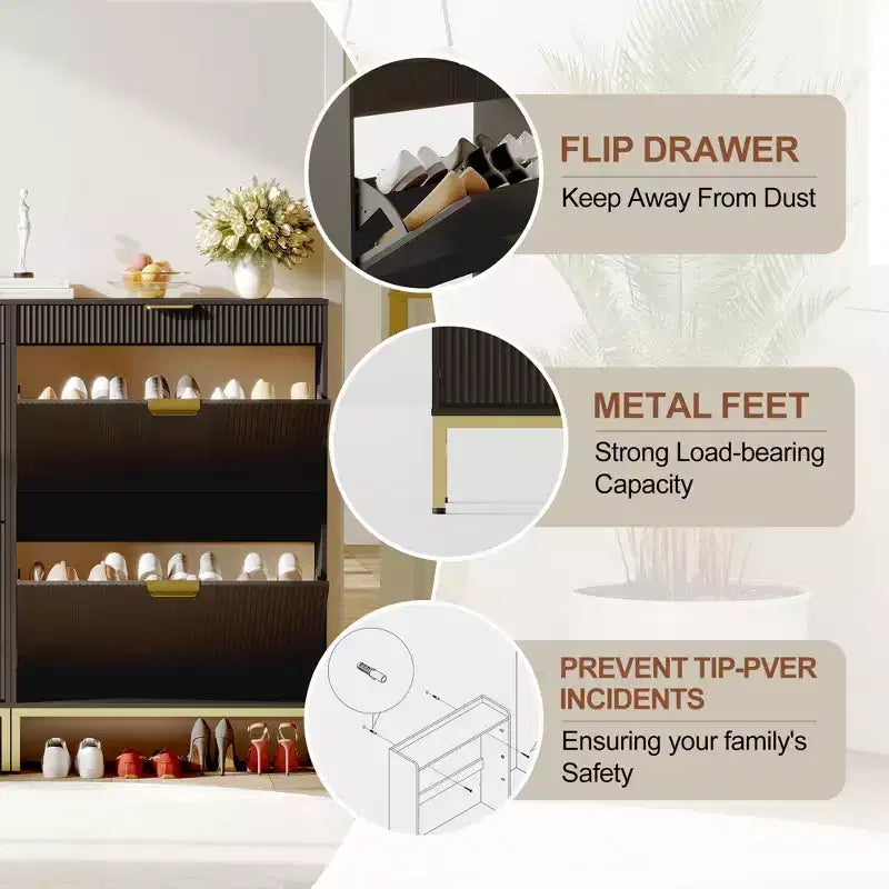 Meuble à chaussures à abattants avec 3 tiroirs - Organisateur de chaussures d'entrée de 80 cm (L) x 133 cm (H), bois composite et métal