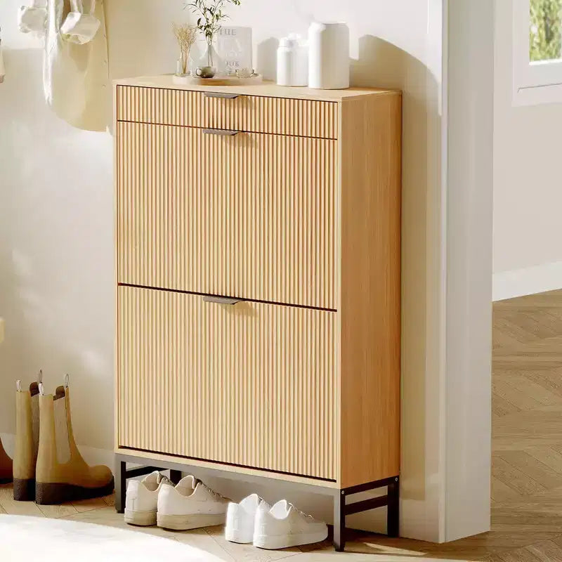 Meuble à chaussures à abattants avec 3 tiroirs - Organisateur de chaussures d'entrée de 80 cm (L) x 133 cm (H), bois composite et métal