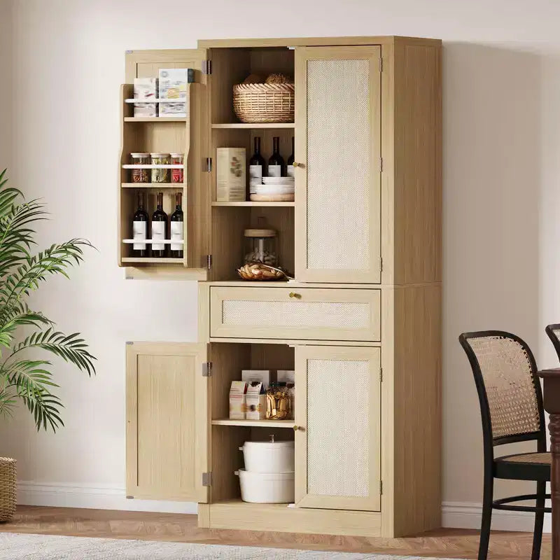 72-Inch Oak Farmhouse Pantry Cabinet C Tall Rattan Cupboard with Drawer & Adjustable Shelves for Kitchen, Dining Room & Bathroom (1-Piece)