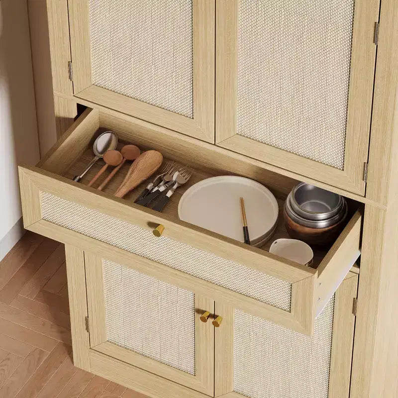 Armoire de cuisine haute 72" style rustique avec portes en rotin, tiroir et étagères réglables - Chêne