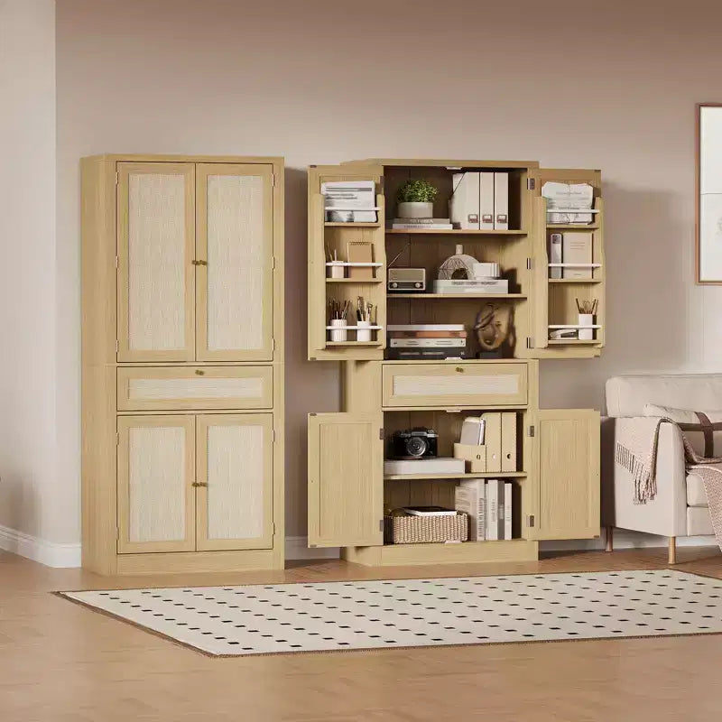 Armoire de cuisine haute 72" style rustique avec portes en rotin, tiroir et étagères réglables - Chêne