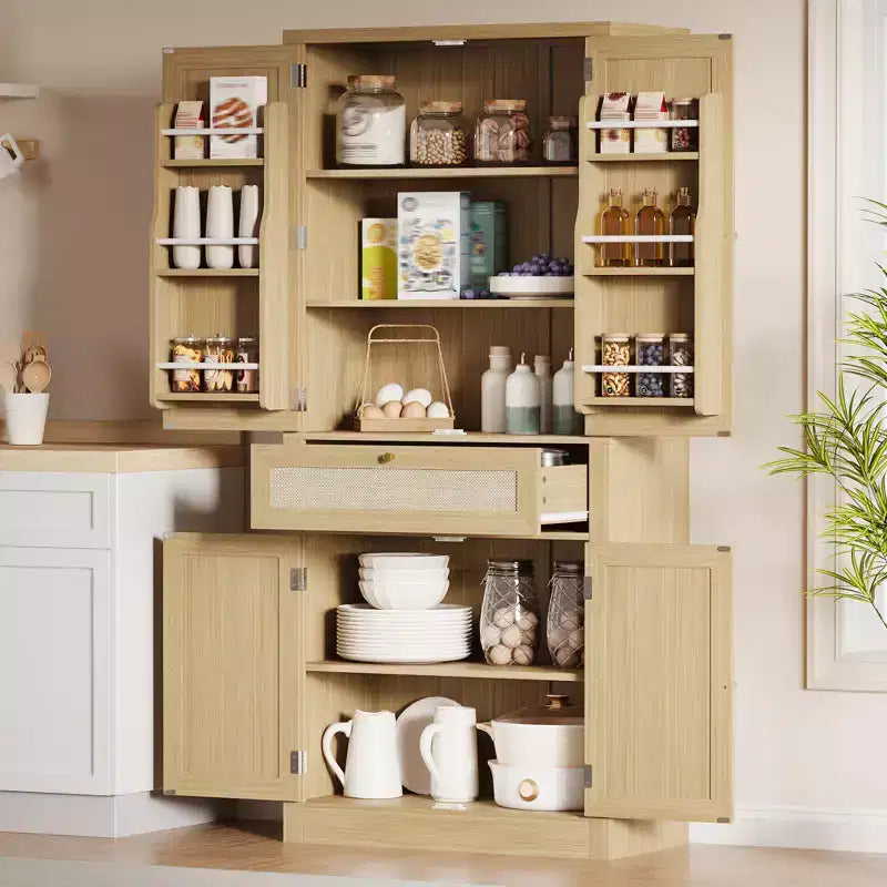 Armoire de cuisine haute 72" style rustique avec portes en rotin, tiroir et étagères réglables - Chêne