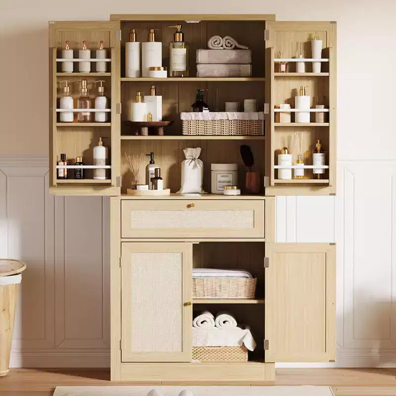 Armoire de cuisine haute 72" style rustique avec portes en rotin, tiroir et étagères réglables - Chêne