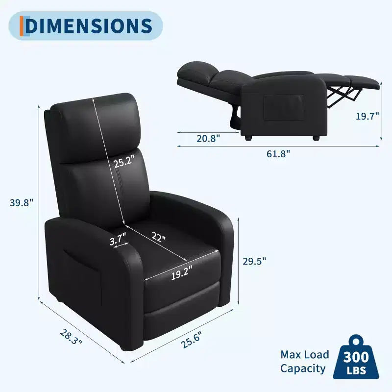 Fauteuil inclinable en cuir PU avec poche latérale, dossier haut et accoudoirs larges et rembourrés - Siège de cinéma maison une place