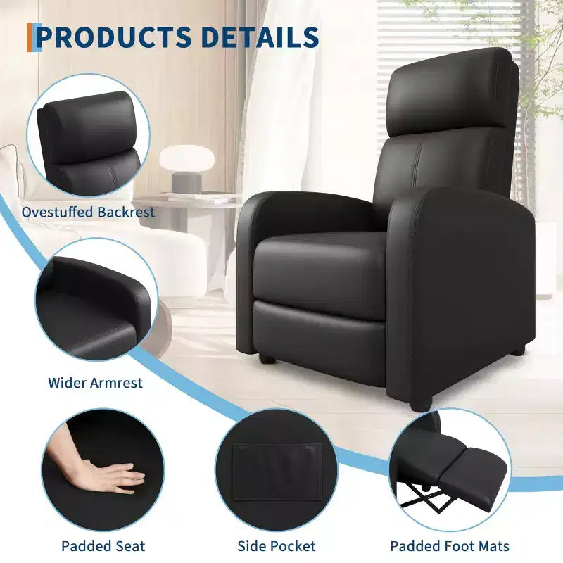 Fauteuil inclinable en cuir PU avec poche latérale, dossier haut et accoudoirs larges et rembourrés - Siège de cinéma maison une place