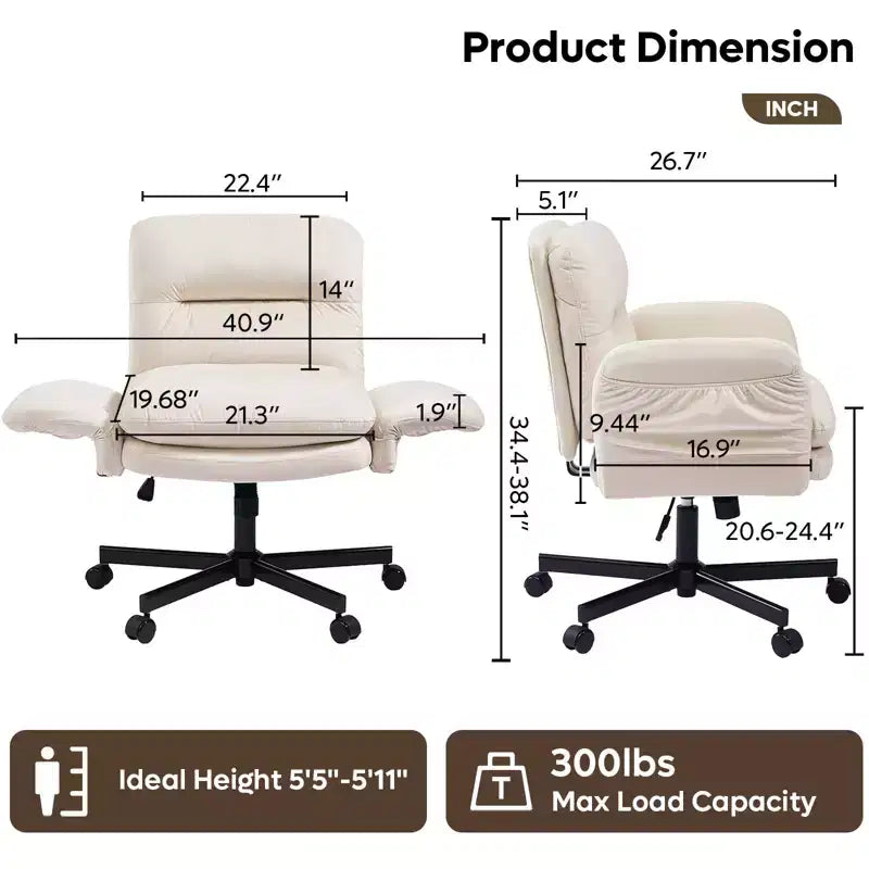 Chaise de bureau ergonomique pour s'asseoir en tailleur avec accoudoirs relevables et roulettes - Hauteur réglable, mousse double couche, poches latérales