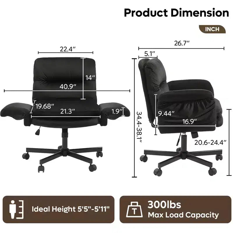 Chaise de bureau ergonomique pour s'asseoir en tailleur avec accoudoirs relevables et roulettes - Hauteur réglable, mousse double couche, poches latérales