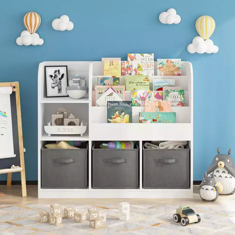 Bibliothèque enfant avec 3 tiroirs pliables en tissu, étagère de présentation et meuble de rangement - Blanc/Gris