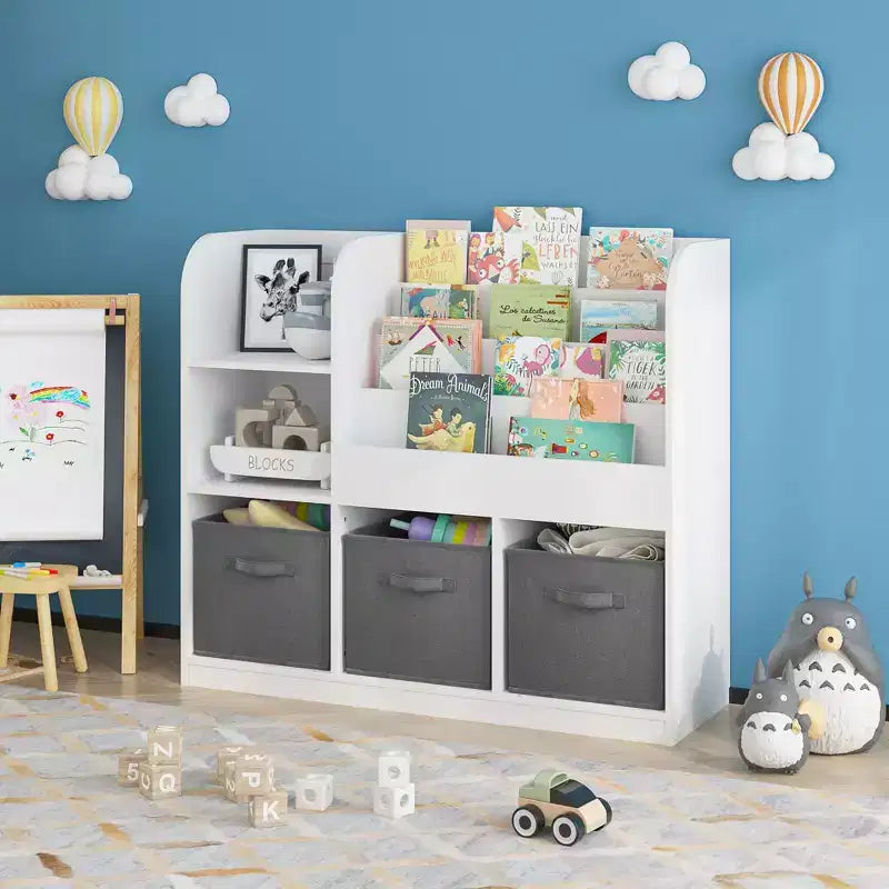 Bibliothèque enfant avec 3 tiroirs pliables en tissu, étagère de présentation et meuble de rangement - Blanc/Gris