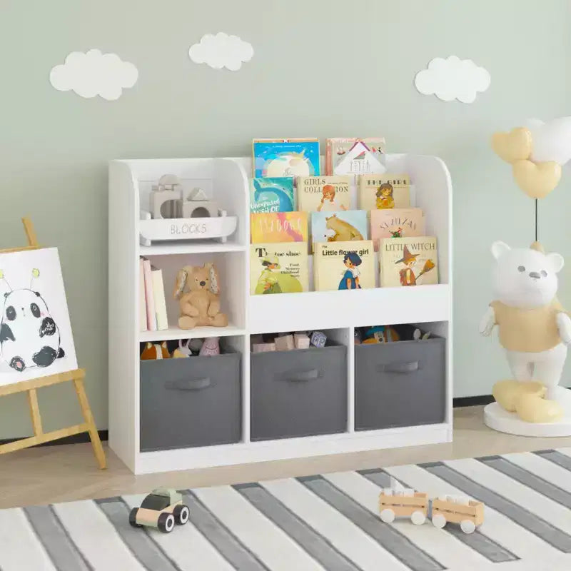 Bibliothèque enfant avec 3 tiroirs pliables en tissu, étagère de présentation et meuble de rangement - Blanc/Gris