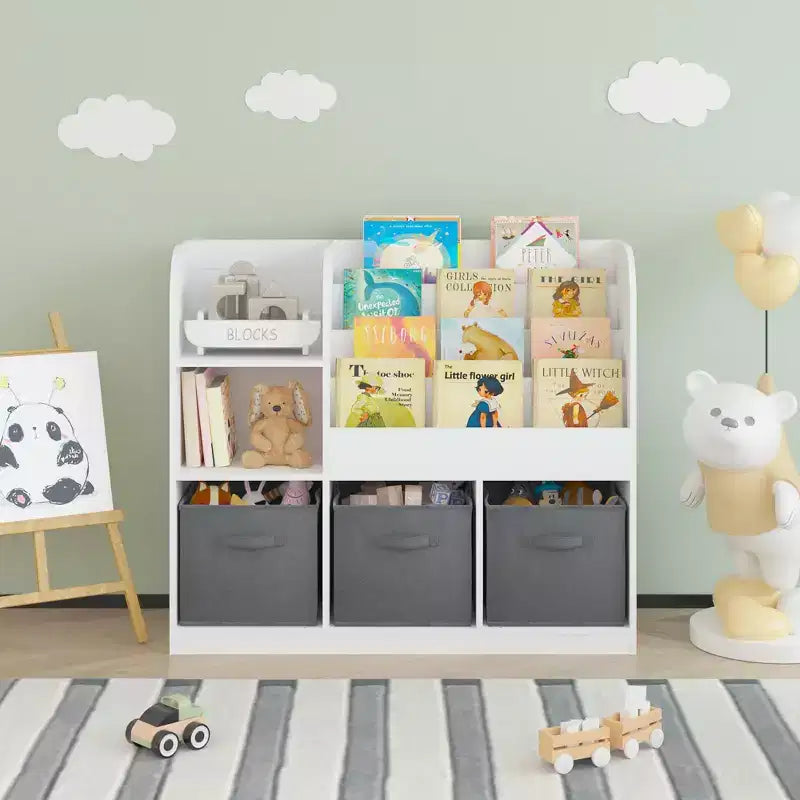 Bibliothèque enfant avec 3 tiroirs pliables en tissu, étagère de présentation et meuble de rangement - Blanc/Gris