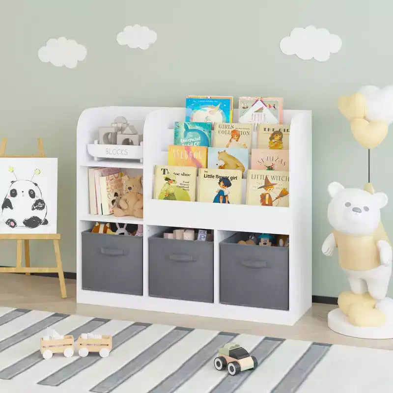 Bibliothèque enfant avec 3 tiroirs pliables en tissu, étagère de présentation et meuble de rangement - Blanc/Gris