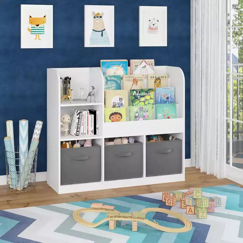 Bibliothèque enfant avec 3 tiroirs pliables en tissu, étagère de présentation et meuble de rangement - Blanc/Gris