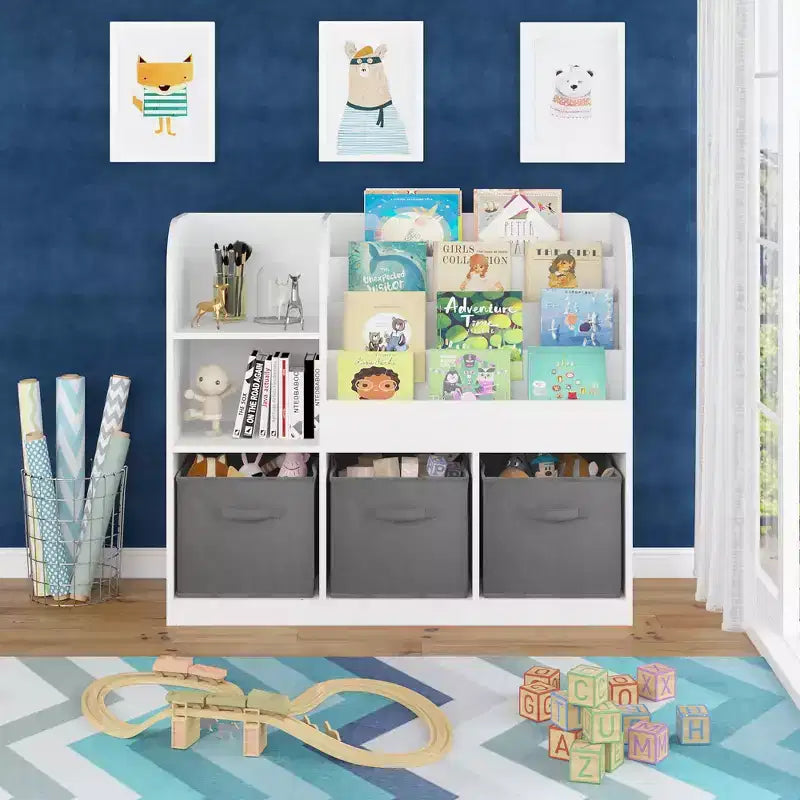 Bibliothèque enfant avec 3 tiroirs pliables en tissu, étagère de présentation et meuble de rangement - Blanc/Gris