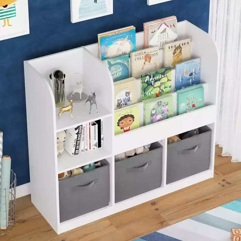 Bibliothèque enfant avec 3 tiroirs pliables en tissu, étagère de présentation et meuble de rangement - Blanc/Gris