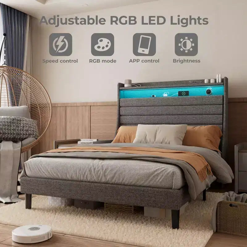 Cadre de lit plateforme pleine grandeur avec tête de lit de rangement, station de charge et lumières LED - Rembourré, aucun sommier tapissier requis, beige