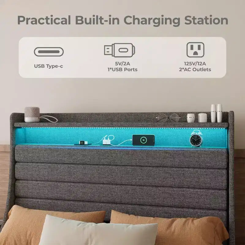 Cadre de lit plateforme pleine grandeur avec tête de lit de rangement, station de charge et lumières LED - Rembourré, aucun sommier tapissier requis, beige