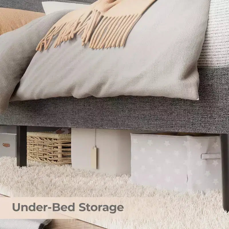 Cadre de lit plateforme pleine grandeur avec tête de lit de rangement, station de charge et lumières LED - Rembourré, aucun sommier tapissier requis, beige