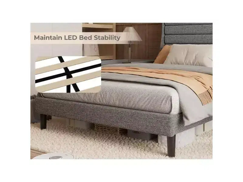 Cadre de lit plateforme pleine grandeur avec tête de lit de rangement, station de charge et lumières LED - Rembourré, aucun sommier tapissier requis, beige