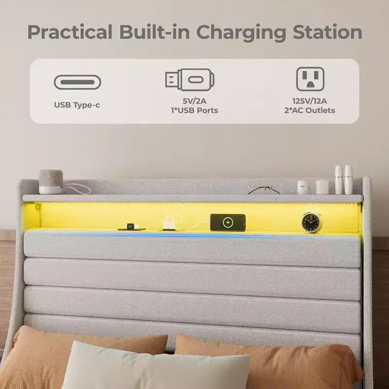 Cadre de lit plateforme pleine grandeur avec tête de lit de rangement, station de charge et lumières LED - Rembourré, aucun sommier tapissier requis, beige