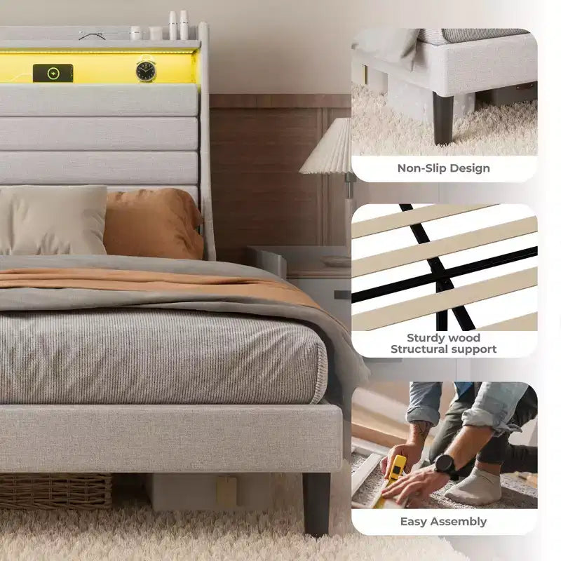 Cadre de lit plateforme pleine grandeur avec tête de lit de rangement, station de charge et lumières LED - Rembourré, aucun sommier tapissier requis, beige