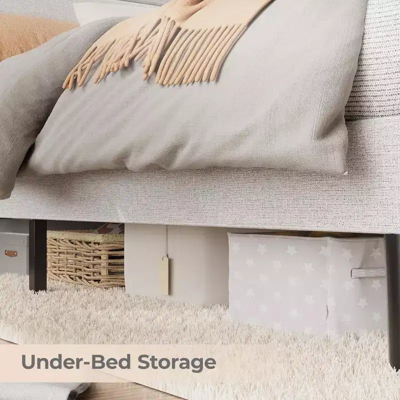 Cadre de lit plateforme pleine grandeur avec tête de lit de rangement, station de charge et lumières LED - Rembourré, aucun sommier tapissier requis, beige