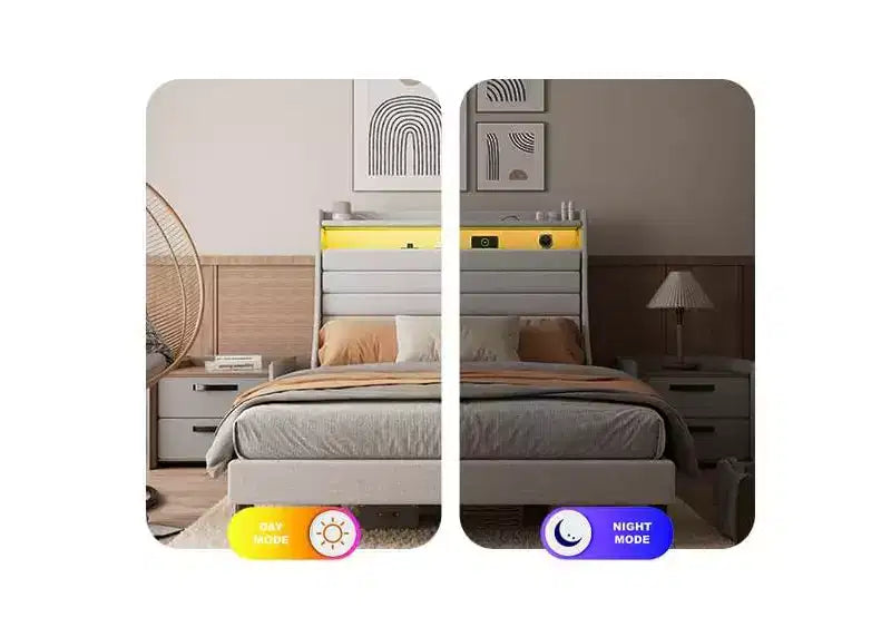 Cadre de lit plateforme pleine grandeur avec tête de lit de rangement, station de charge et lumières LED - Rembourré, aucun sommier tapissier requis, beige