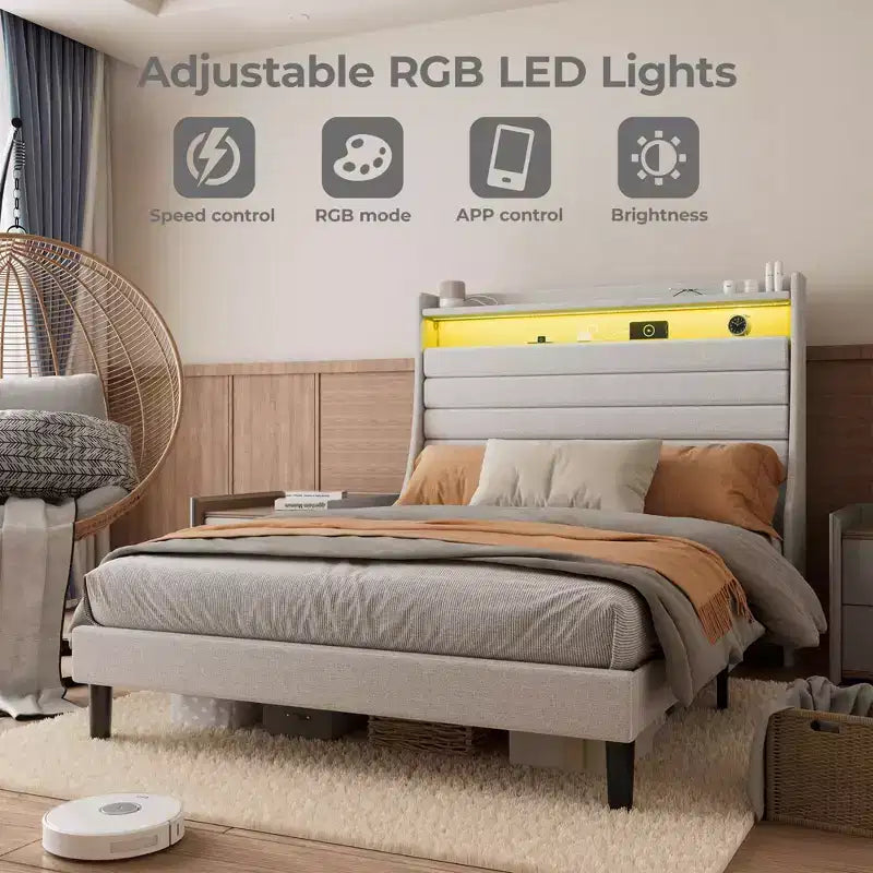 Cadre de lit plateforme pleine grandeur avec tête de lit de rangement, station de charge et lumières LED - Rembourré, aucun sommier tapissier requis, beige
