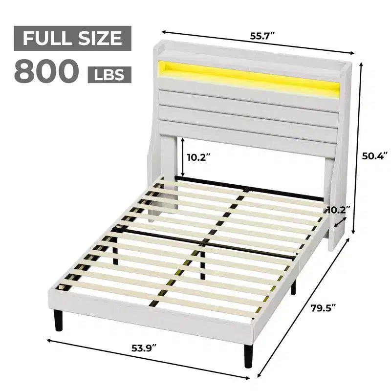Cadre de lit plateforme pleine grandeur avec tête de lit de rangement, station de charge et lumières LED - Rembourré, aucun sommier tapissier requis, beige