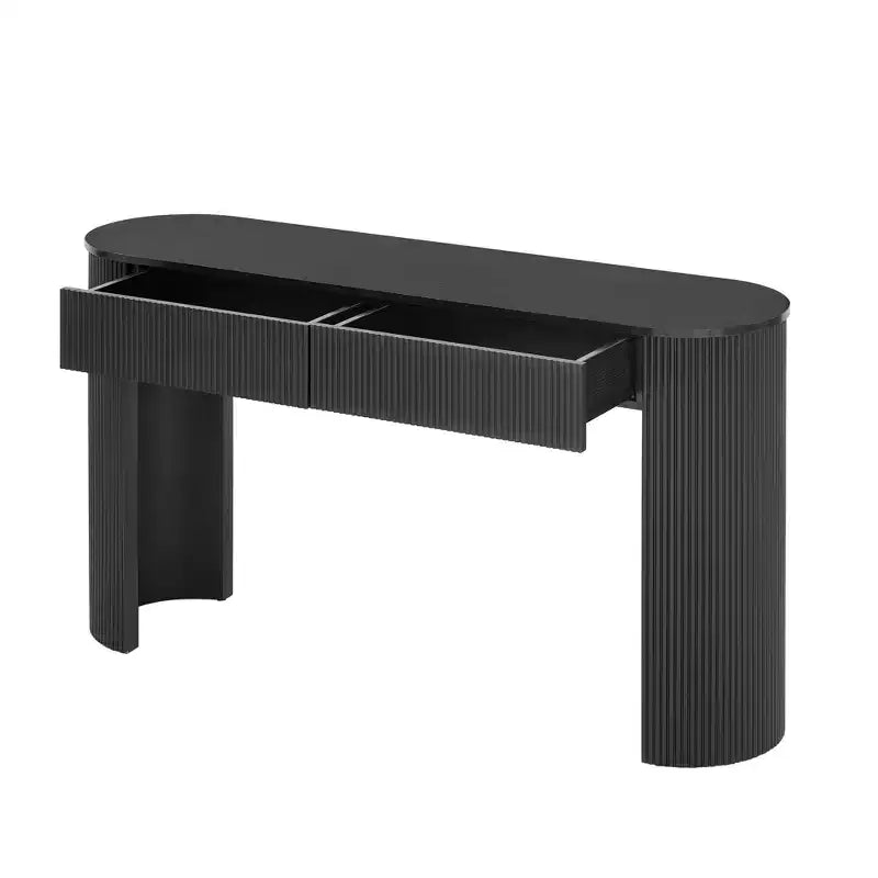 Console moderne avec 2 tiroirs dissimulés, plateau ovale et design cannelé - Entrée et salon