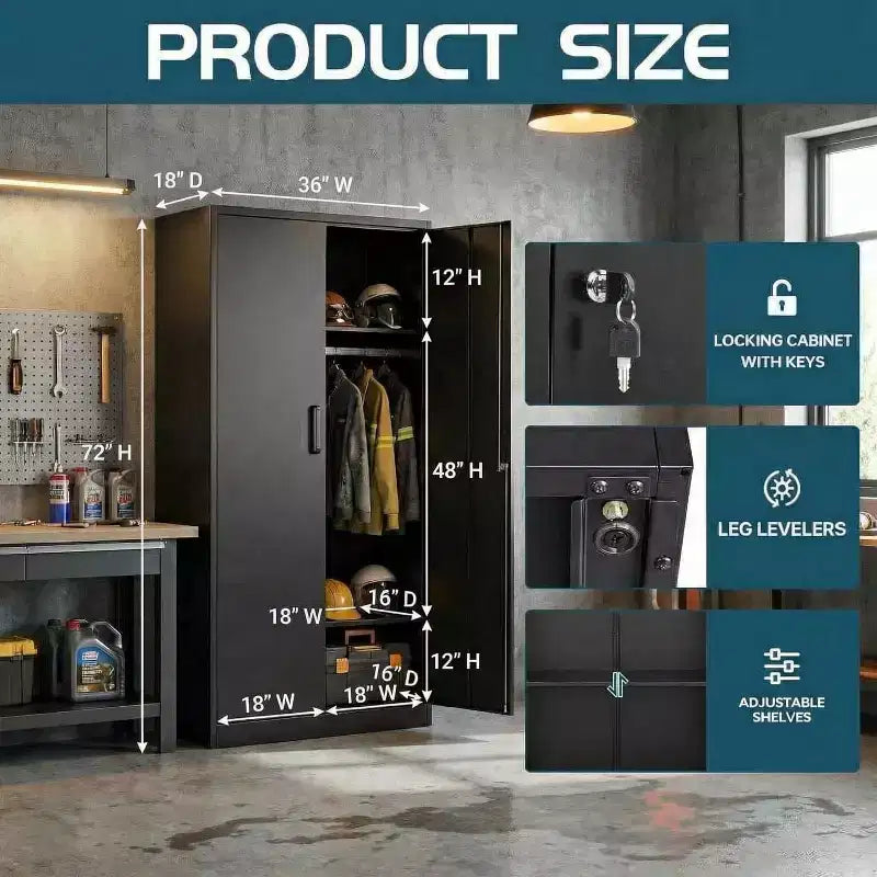 Armoire de rangement métallique avec 2 étagères et penderie - Acier laminé à froid de 0,6 mm, Armoire de chambre à coucher