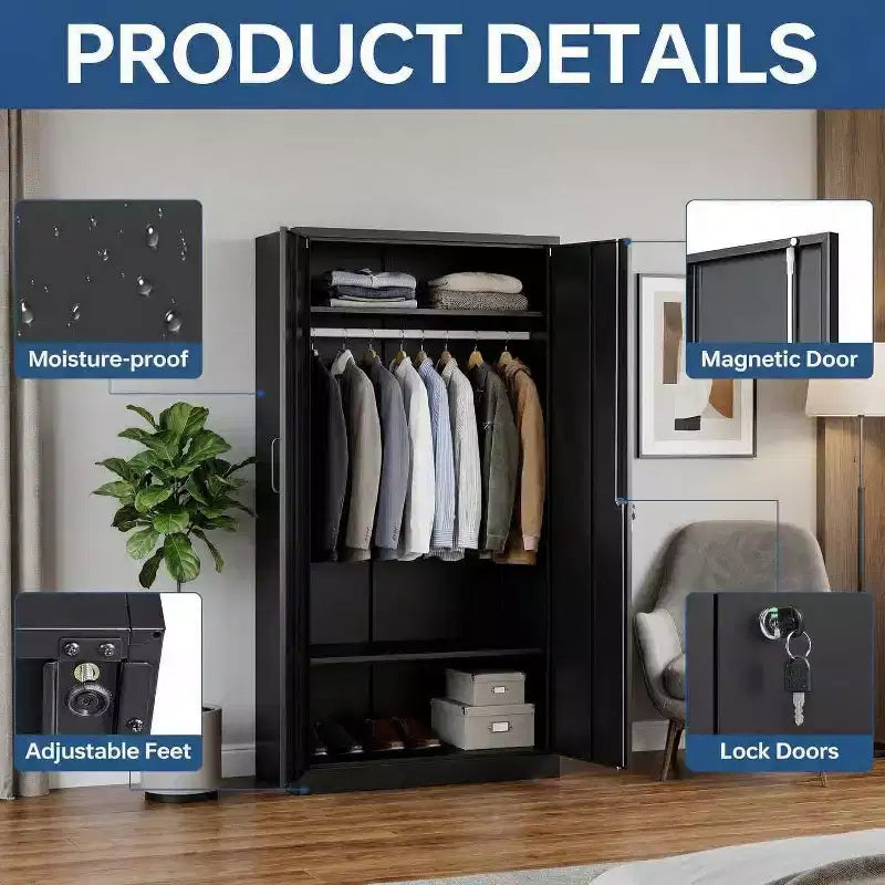 Armoire de rangement métallique avec 2 étagères et penderie - Acier laminé à froid de 0,6 mm, Armoire de chambre à coucher