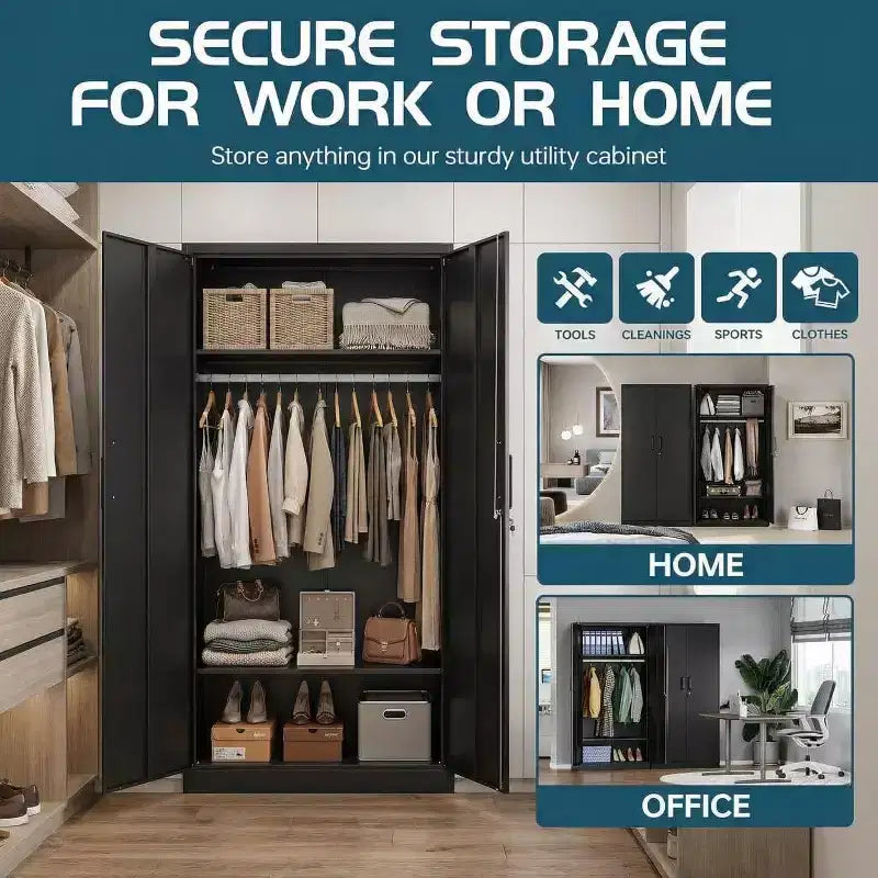 Armoire de rangement métallique avec 2 étagères et penderie - Acier laminé à froid de 0,6 mm, Armoire de chambre à coucher