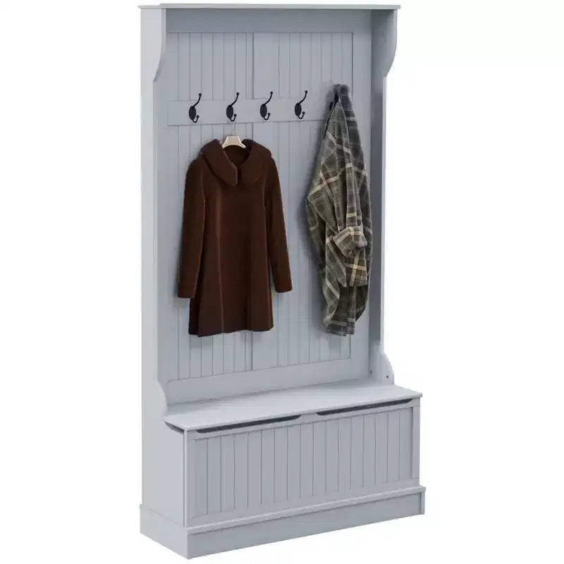 Porte-manteau d'entrée 38" avec 5 crochets en métal, rangement pour chaussures et armoire supérieure - Porte-manteau autoportant, gris