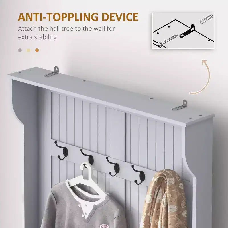 Porte-manteau d'entrée 38" avec 5 crochets en métal, rangement pour chaussures et armoire supérieure - Porte-manteau autoportant, gris
