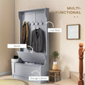 Porte-manteau d'entrée 38" avec 5 crochets en métal, rangement pour chaussures et armoire supérieure - Porte-manteau autoportant, gris